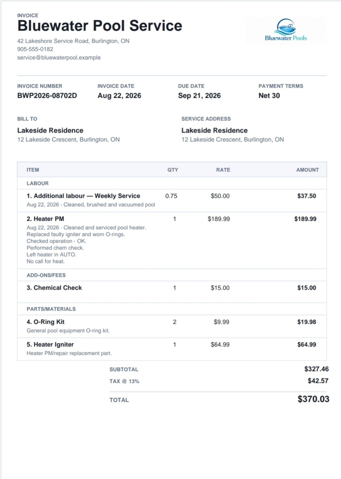 Vantis-generated invoice showing labour, fees, parts, tax, and total billing details