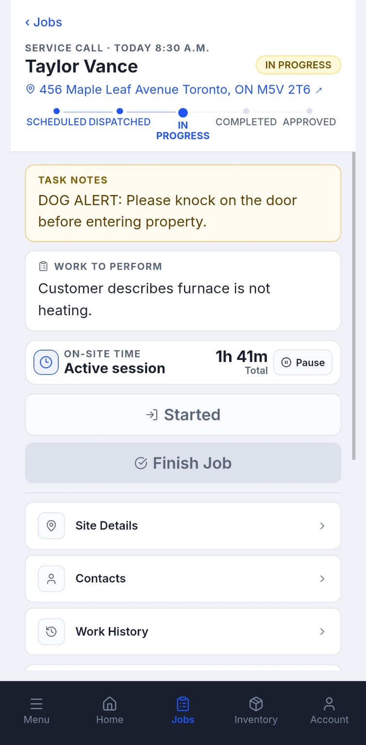 Vantis contractor mobile app showing an in-progress service call, task notes, work details, and on-site time