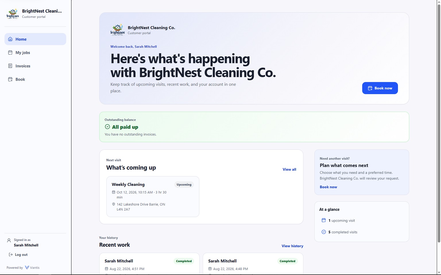 Vantis customer screen showing booking, an upcoming visit, recent work, invoices, and balance