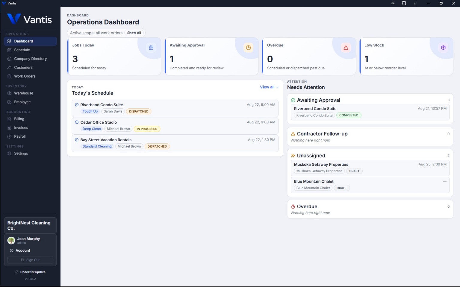 Vantis Operations Dashboard showing today's jobs, approvals, schedule, and attention items