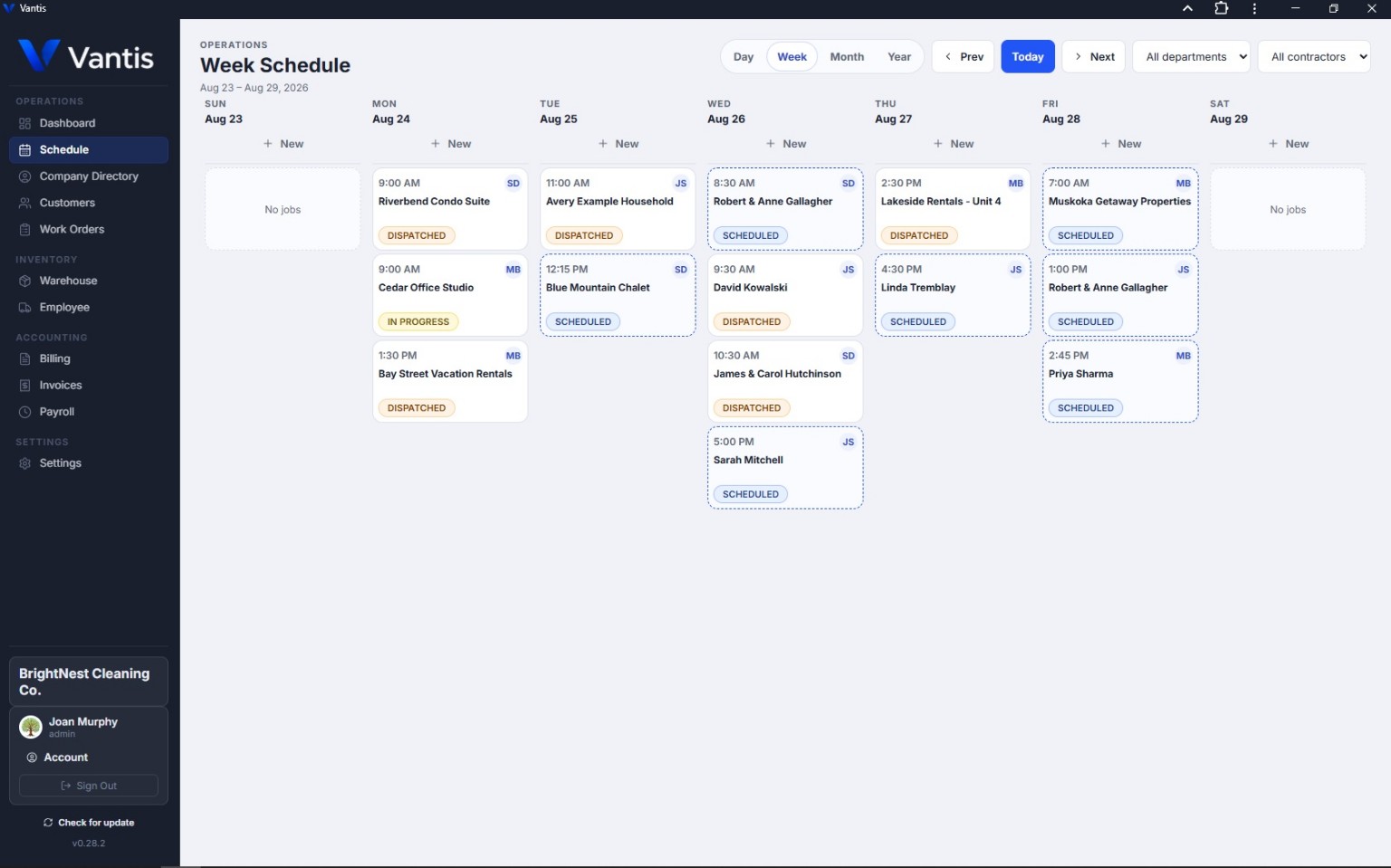 Vantis Week Schedule showing assigned jobs, times, and work-order statuses across the team